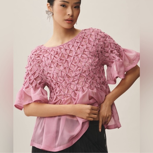 NWT Anthropologie Maeve Rhinestone Smock Sheer Babydoll Bow Top Pink Size XS - Picture 2 of 14